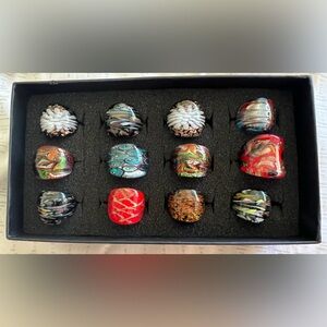 Box of 12 Art Glass Rings Various Sizes